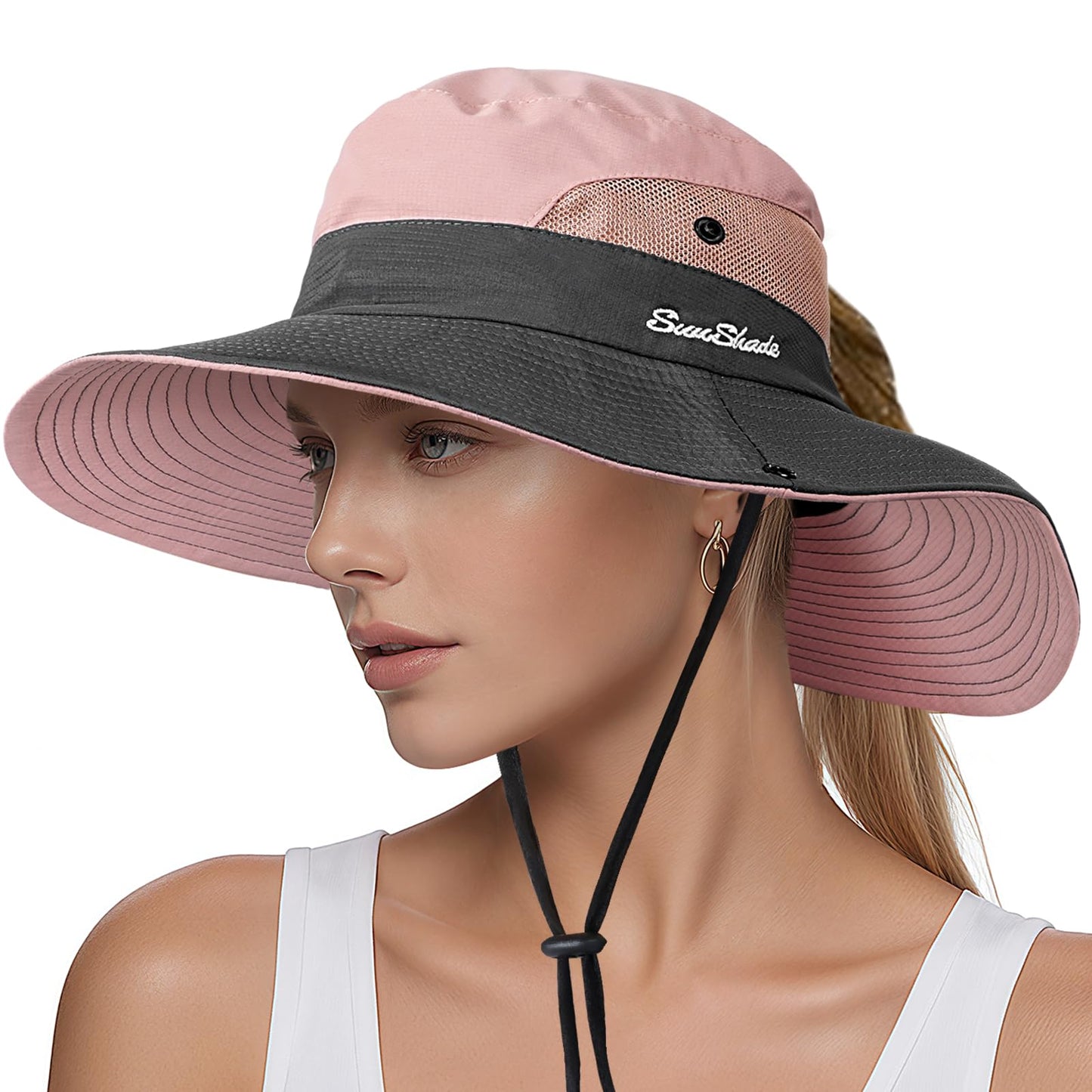Sun Hats for Women, Wide Brim Beach Bucket Hats with Ponytail Hole, Outdoor UV Protection Foldable Fishing Hat Cooling Mesh Hiking Bucket Hat, Pink