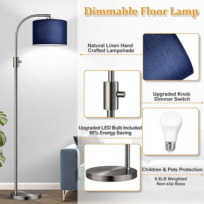 【Upgraded】 Dimmable Brushed Nickel Floor Lamp, 1200 Lumens LED Bulb Included, Arc Floor Lamps for Living Room Modern Standing Lamp with Blue Shade, Tall Lamp for Living Room Bedroom Office Study room
