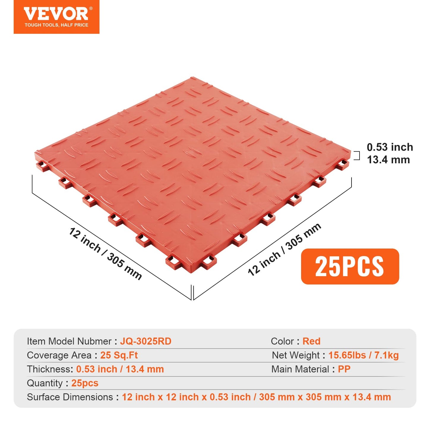 VEVOR Garage Floor Tiles 12 x 12 x 0.53 inch, Interlocking Design Ease of Installation Double-Sided Texture Non-Slip Sturdiness, for Garages, Basements, Repair Shops, Red, 25 Pack