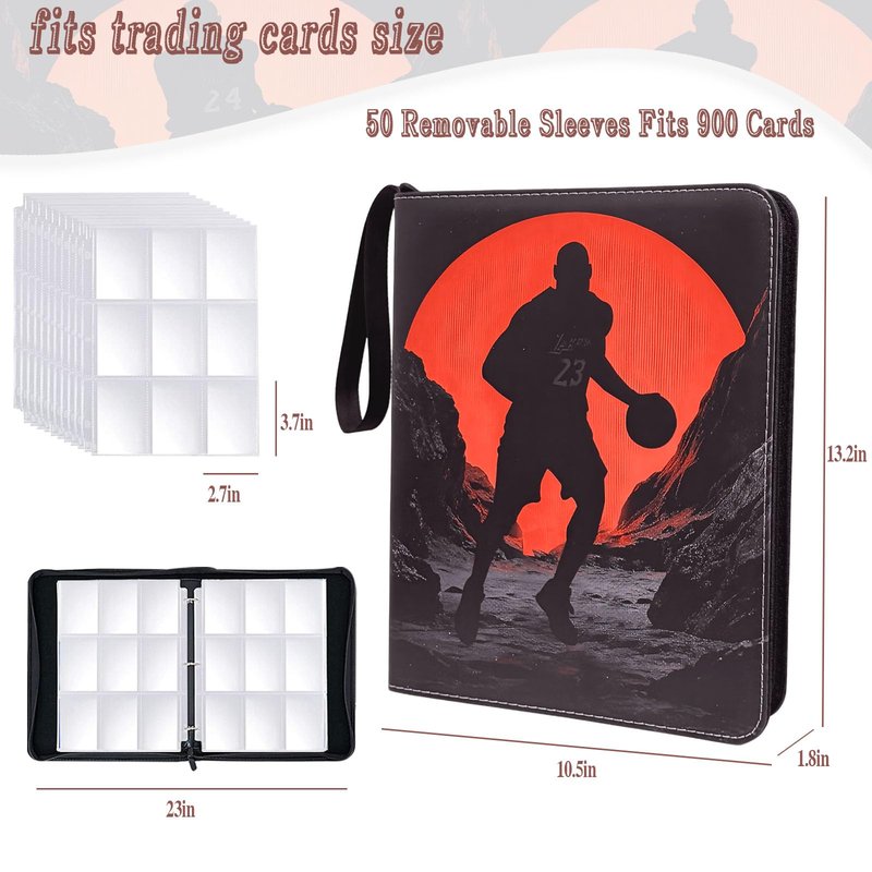Basketball Card Binder - 900 Capacity 9-Pocket Trading Card Album, 3 Ring Card Holder Binder, Waterproof PU Leather, Zip Closure, Perfect Christmas Birthday Gift for Collectors