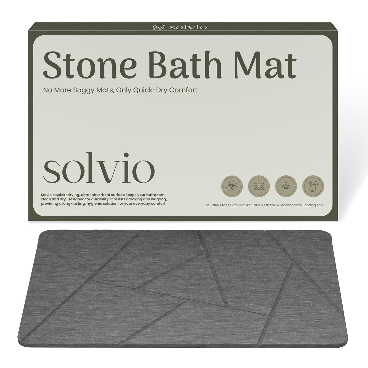 Solvio Quick Dry Shower Stone Bath Mat, Super Absorbent & Non-Slip 24 x 16 Inch Diatomaceous Earth Mat, Durable & Easy to Clean Diatomite Bath Mat for Bathroom Floor/Kitchen (River Silt)