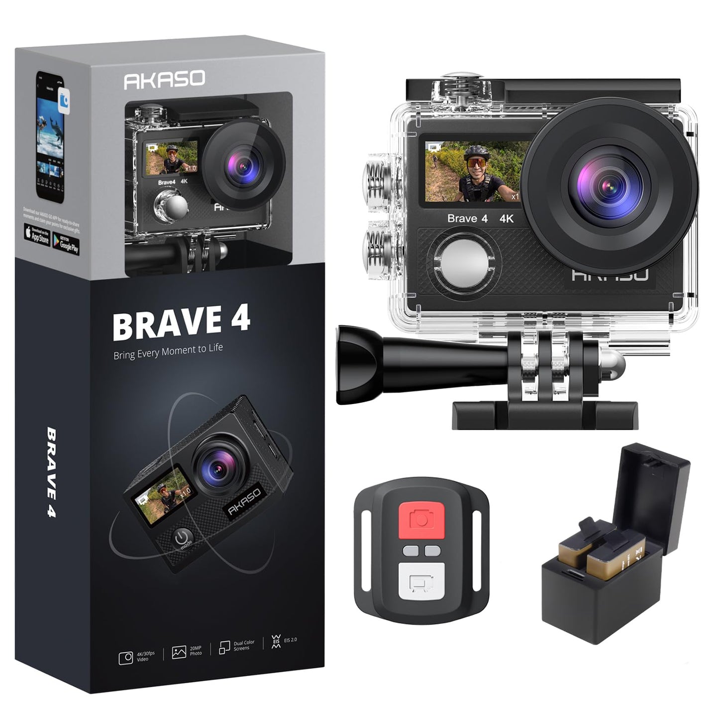 AKASO Brave 4 4K30fps 20MP WiFi Action Camera Ultra Hd with EIS 131ft Waterproof Camera Remote Control 5xZoom Underwater Camcorder with 2 Batteries and Bicycle Helmet Accessories Kit