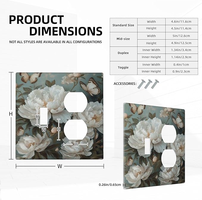 Decorative Art Light Switch Covers Butterflies & Peonies 2 Gang Single Toggle Duplex Combination Electrical Faceplate Switchplate Wall Plate for Home Decor
