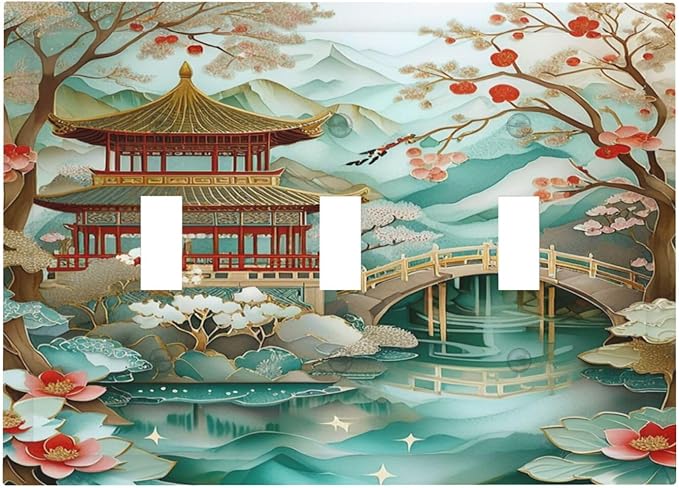 Asian Palace Traditional Bridge Cherry Blossoms Light Switch Covers 3 Gang Triple Toggle Wall Plate Decorative Switchplate Electrical Faceplate for Farmhouse Living Decor