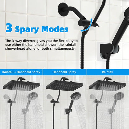 Hibbent cUPC Certified High Pressure 13'' Dual Shower Head Combo with 10-mode Handheld Spray, Rainfall 5-spray Shower Head, 12'' Adjustable Extension Arm, 71'' Hose, Showerhead Holder, Matte Black