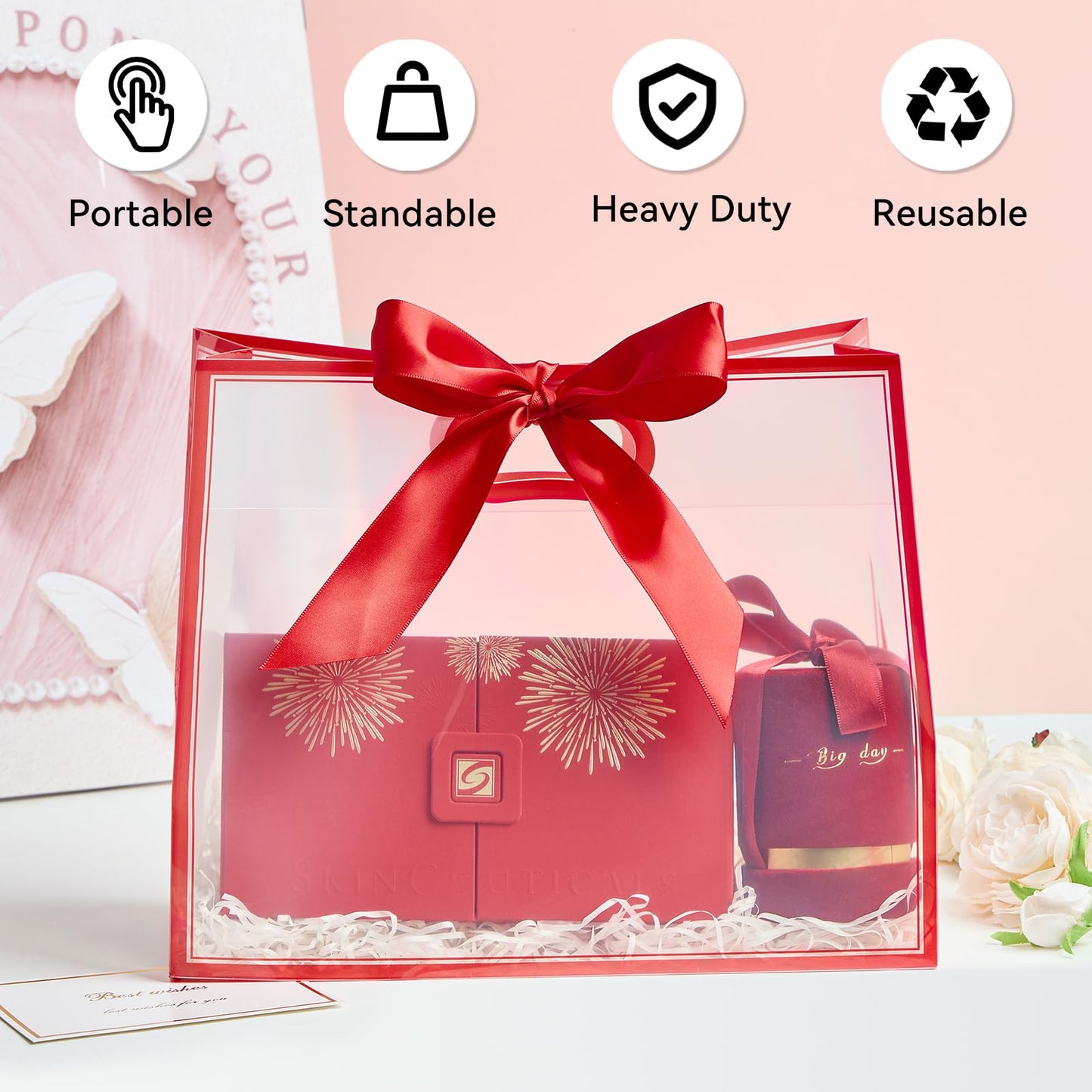 Ohuimrt Clear Plastic Gift Bags with Handles, 12 Pack, Red