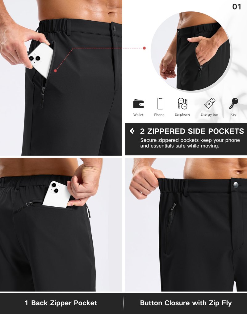 Pudolla Mens Hiking Shorts 5"/7"/9" Lightweight Quick Dry Casual Golf Shorts for Men Work Fishing with 3 Zipper Pockets(Black 9 Inseam-L)