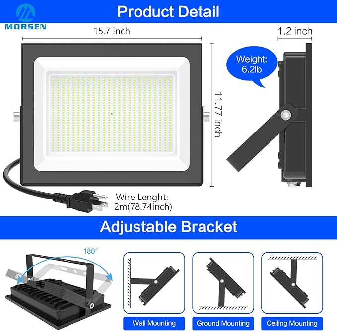 MORSEN 500W Flood Lights Outdoor, 60000lm Bright LED Work Light with Plug, 6500K Daylight White LED Flood Lighting, IP66 Waterproof Security Yard Lights for Yard Garage Stadium 2 Pack