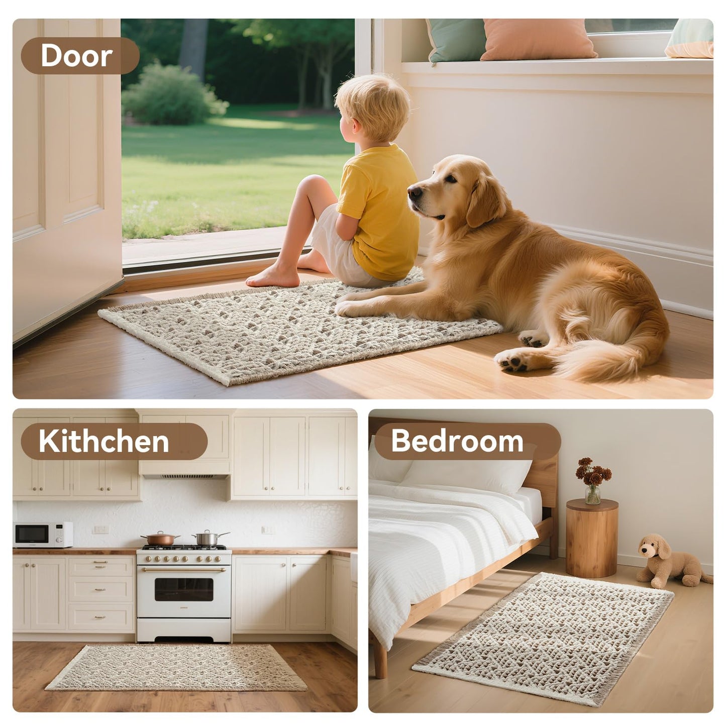 QiCaiJia Waffle Bath Mat, Boho Bathroom Rugs Extra Soft and Absorbent Non Slip Washable Bath Rug, Rubber Backed Bathroom Floor Mat Outside Shower Mat, 17x24