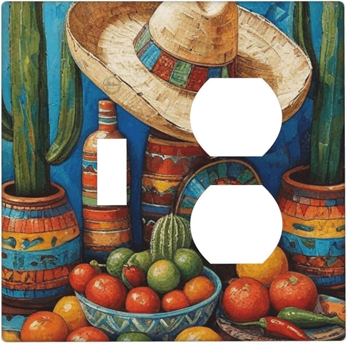 Decorative Art Light Switch Covers Mexican Sombrero & Serape Vibes 2 Gang Single Toggle Duplex Combination Electrical Faceplate Switchplate Wall Plate for Home Decor