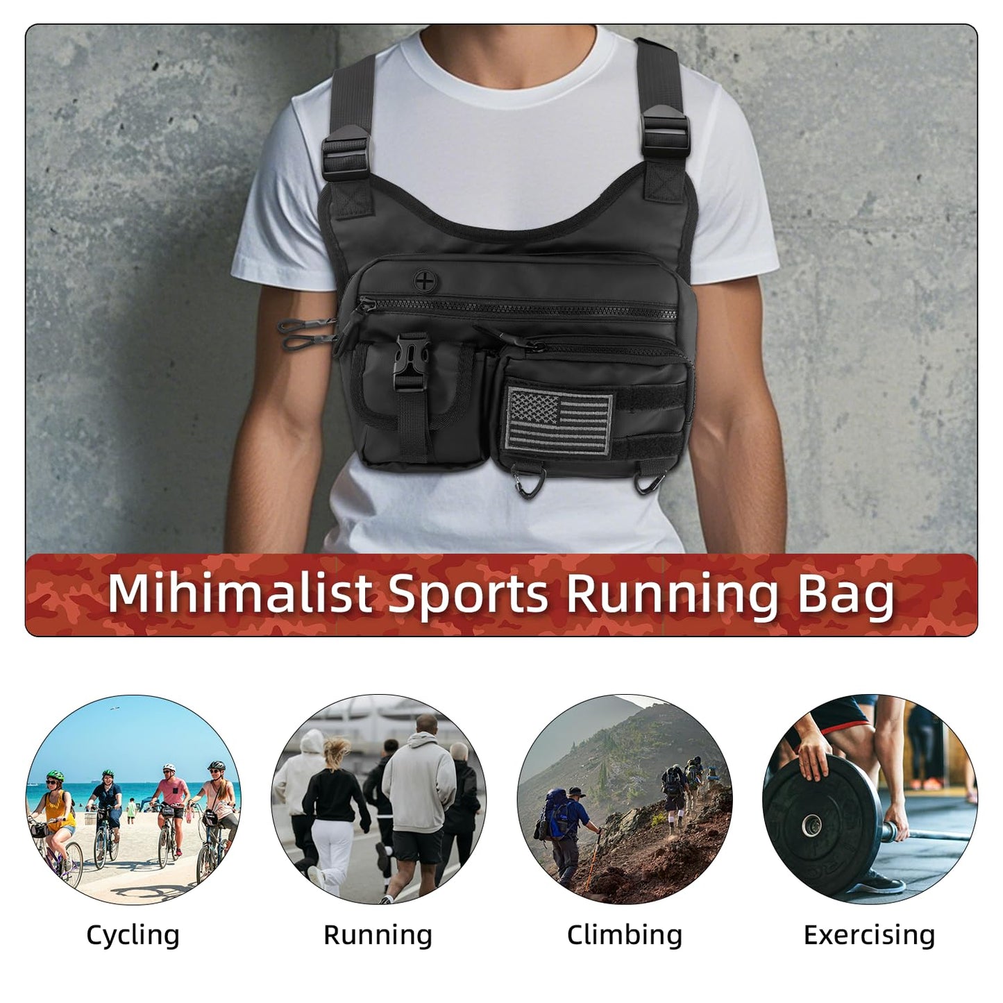 QCBF Outdoor Sports Chest Bag for Men, Running Vest Tactical Pack, Water Resistant Lightweight Front Run, with Extra Storage, Chest Vest Holster Fits Most Pistols, Fit Hiking (Black)