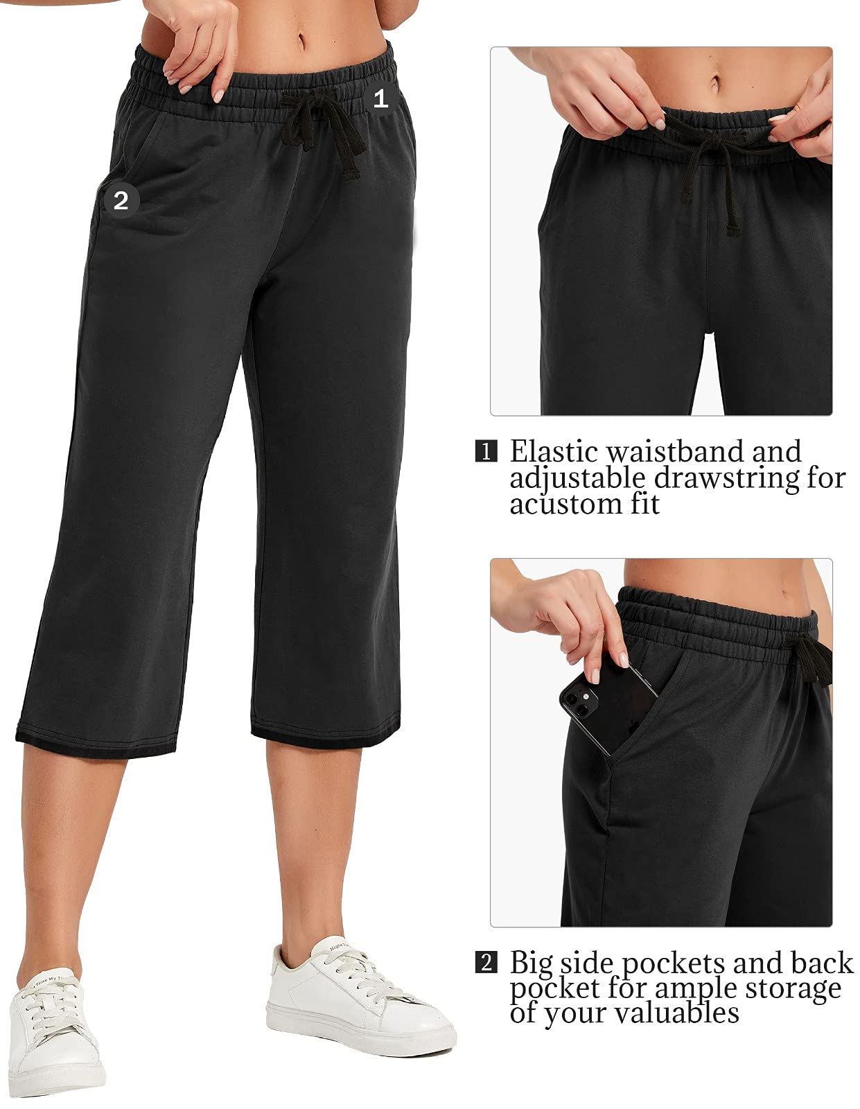 SPECIALMAGIC Women Capri Pants Cotton Yoga Wide Leg Pajama Pants Capris Sweatpants Sports Black Large
