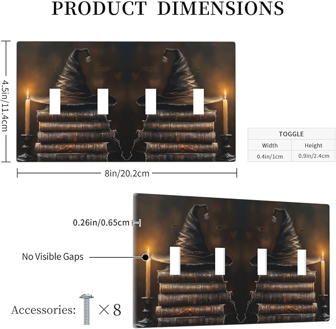 Decorative Art Light Switch Covers Wizard’s Hat & Spellbooks Quad Toggle 4 Gang Wall Plate Switch plate Electrical Faceplate for Home Decor