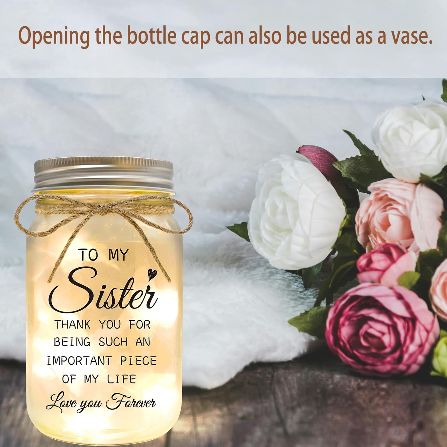 YOISTREVISK Sister Gifts - Mason Jar Night Lights with Warm Lights for Sisters, Unique Sister Birthday Gifts Ideas for Mothers Day Christmas Valentines Day, Heartfelt Home Decor Gift