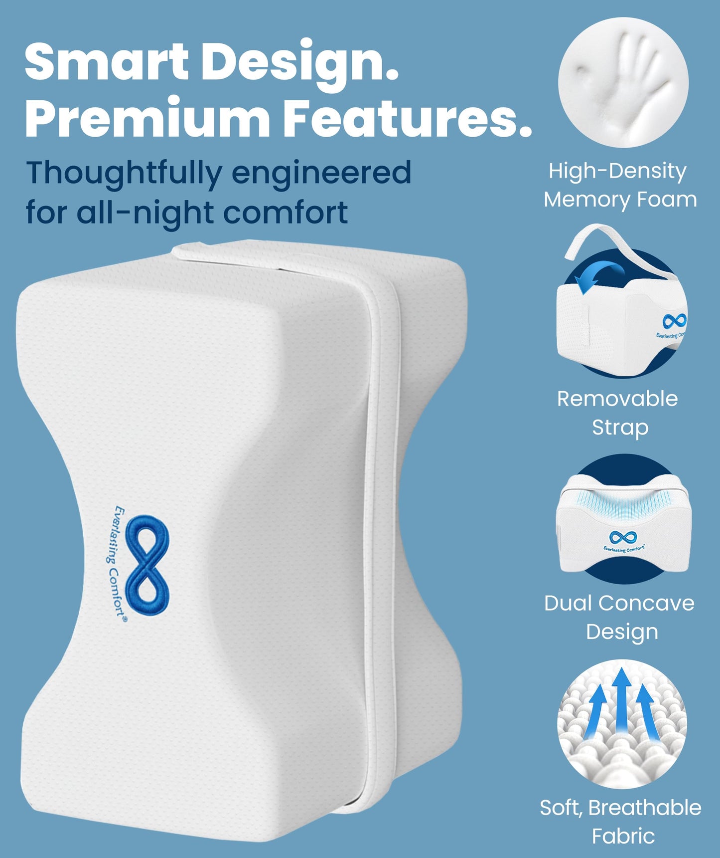 Everlasting Comfort Memory Foam Knee Pillow for Side Sleepers – Sciatica Pain Relief Pillow, Removable Strap Support – Leg Pillows for Sleeping Alignment, Knees, Back & Hip Cushion