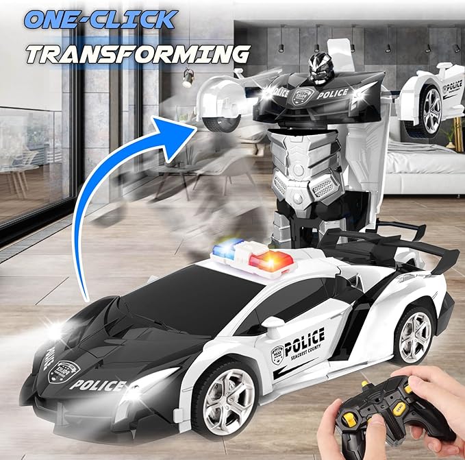 Transform Remote Control Car - Rc Cars One-Button Transforming 360° Rotation Drifting 2.4ghz 1:18 Scale Gift Kids Aged 4-6 Year Old Boys/Girls Police Car Black