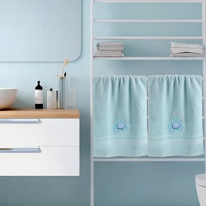 2 Pcs Sea Turtle Floral Hand Towels Pastel Blue Bathroom Decor 14x29 Inch