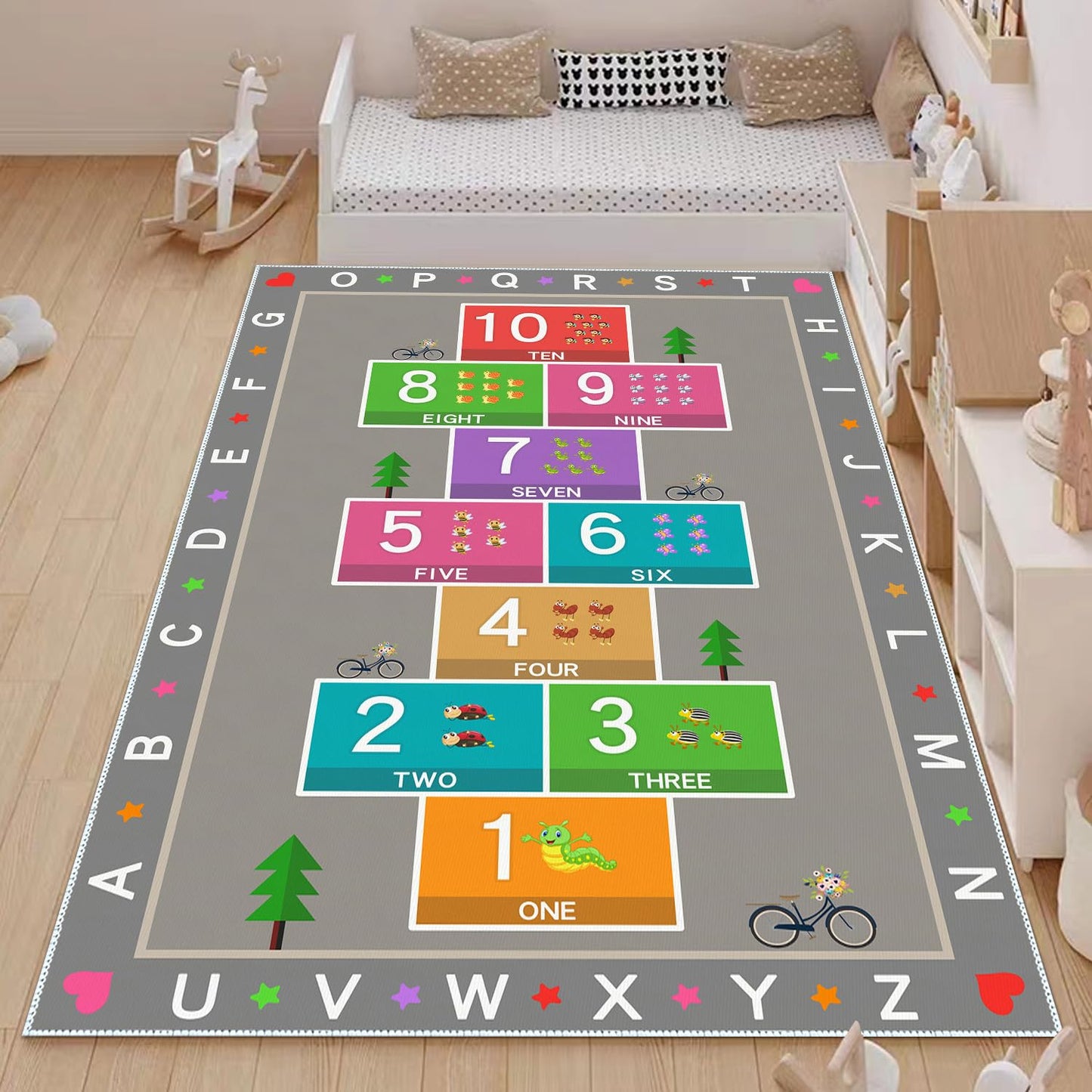 YLZLDKH Hopscotch Play Rug Carpet for Kids, ABC Alphabet Number Educational Rug, Children's Counting Game Mat for Playroom, Classroom, Bedroom and Nursery (Grey, 47x71 in)