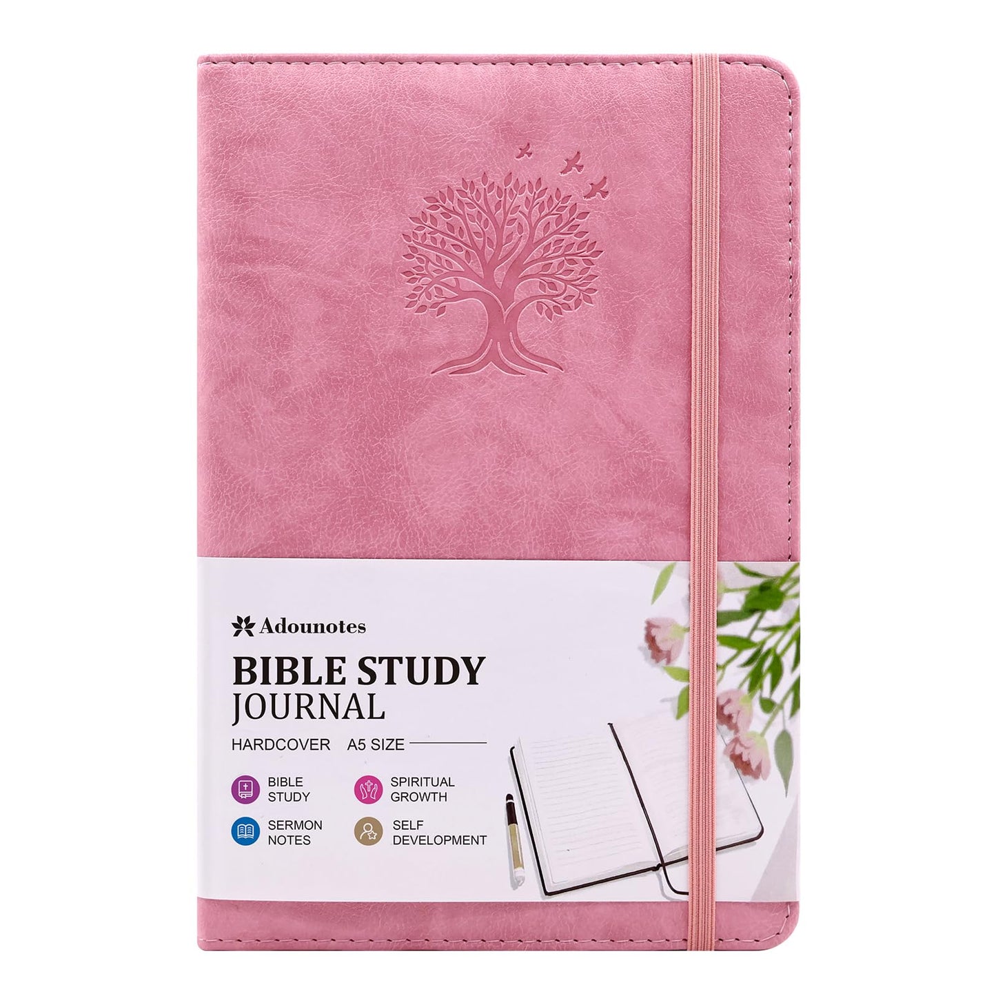 Leather Bible Study Journal Scripture Notebook - Christian Note Taking Kit with Guided Prompts - Inspirational Religious Gifts - Faith Based Stationery Accessories for Church, Small Group (Pink)