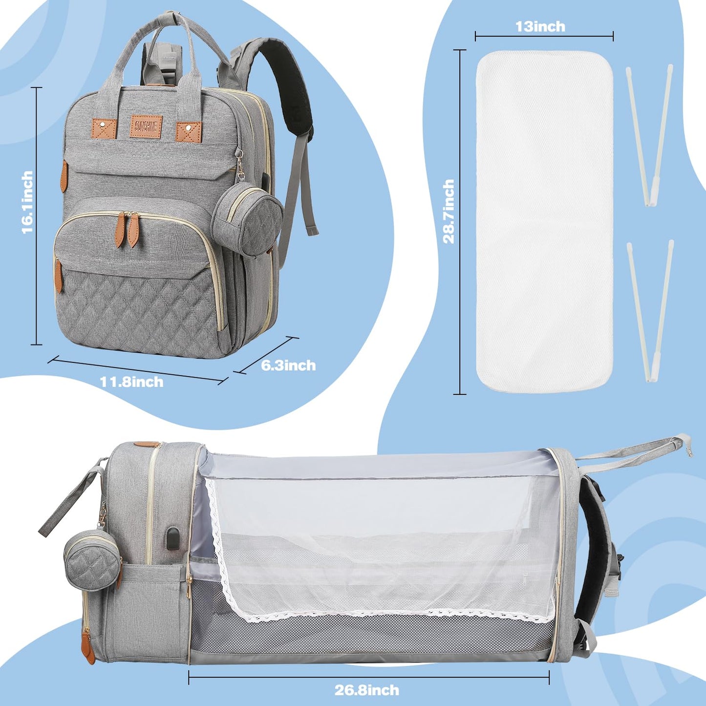 JSTPRO Diaper Bag Backpack, Large Diaper Bag with Changing Station, Baby Bag, New Mom Gifts, Lightweight Waterproof Unisex Diaper Bag with Insulated Pockets and USB Charging Port, Grey