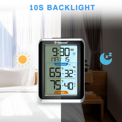 Geevon Wireless Indoor/Outdoor Thermometer & Hygrometer, Digital Temperature & Humidity Sensor with Time, Clock, 200ft/60m Range, 3.8‘’ Large Display