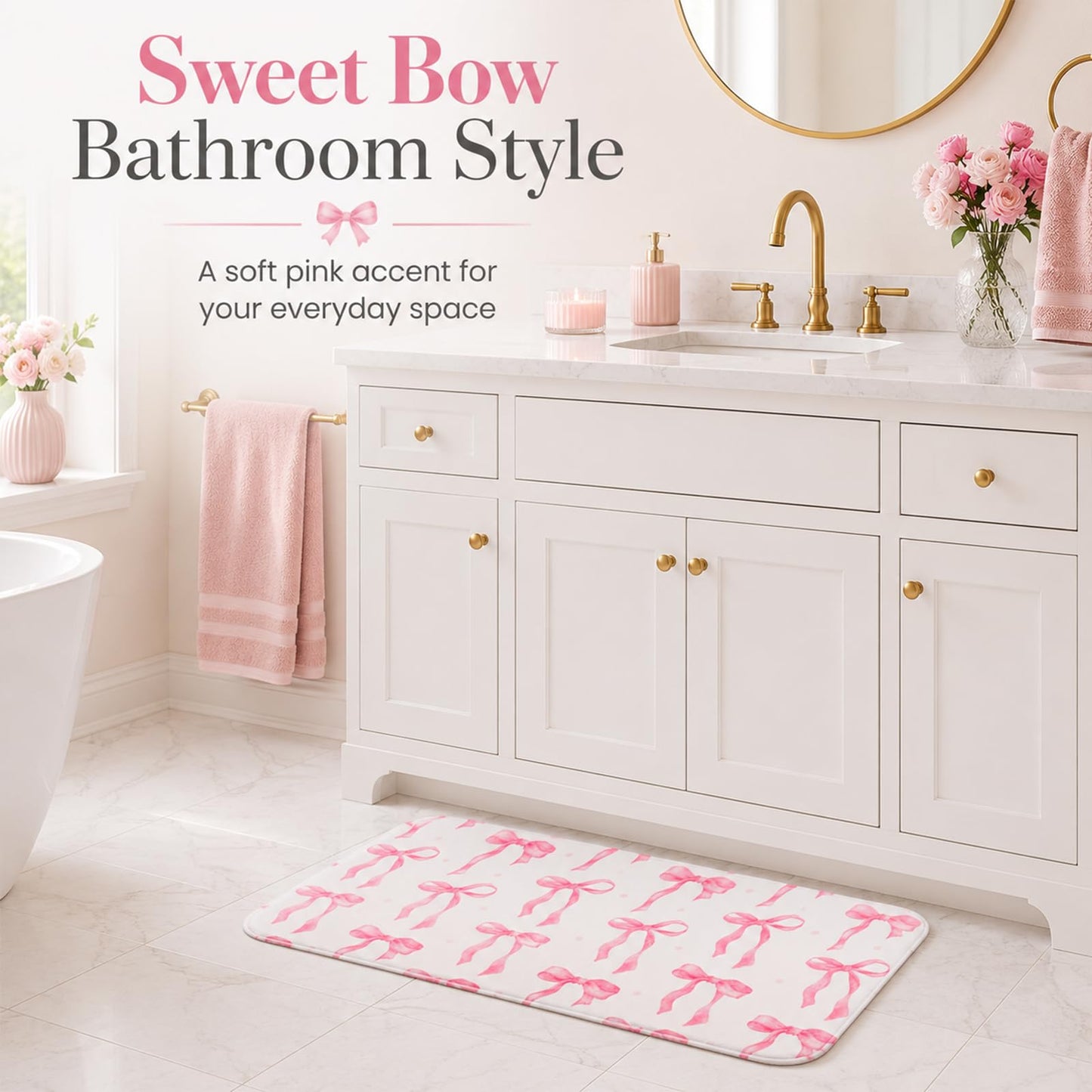 HAIWAOO Memory Foam Bath Mat with Pink Bow Pattern, Comfortable, Soft, Non-Slip, Super Absorbent, Quick Drying Bath Rug for Bathroom,Floor, Tub & Shower, Machine Washable (32INX20IN, Bow)