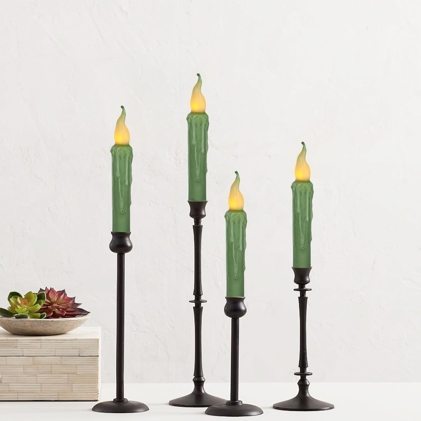 Sage Green Flameless Short Taper Candles, Real Wax Hand Dipped LED Battery Operated with Remote, Flickering Flame Lights for Festival Party Home Décor, 6.7 Inch Primitive Flameless Candles, 4PCS