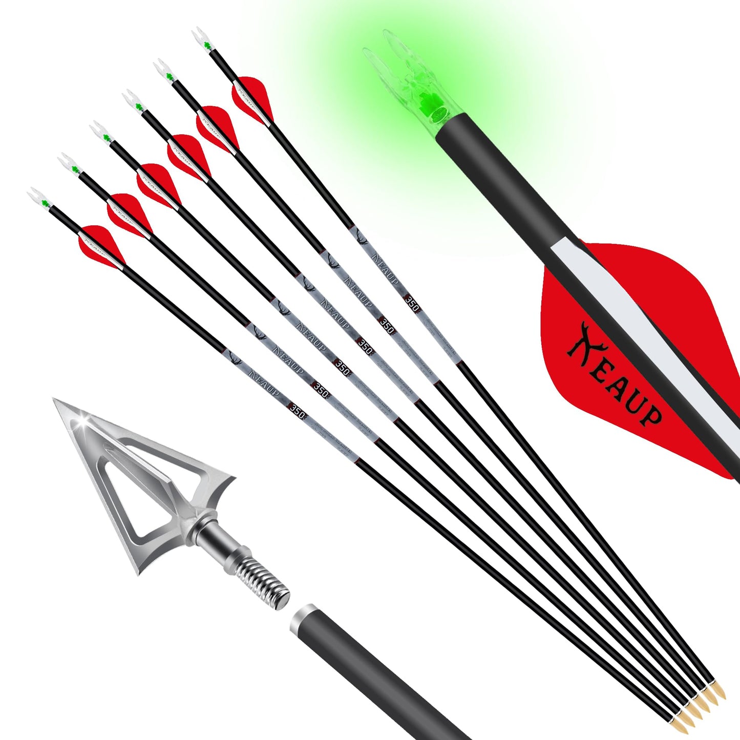 KEAUP 31 inch 100% Carbon Arrows and Broadheads .244/6.2mm Lighted Nocks Set, 6 Pack Hunting Compound Bow and Recurve Bow Shaft Spine 300/350/400/500 (Spine 400, Red)