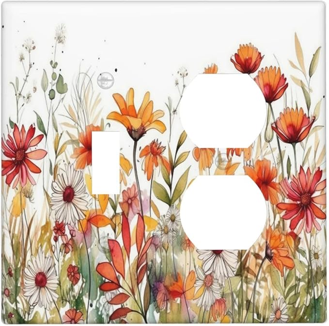 Decorative Light Switch Cover Plate Watercolor Wild Flower Floral 2 Gang Outlet Covers 1 Toggle 1 Duplex Wall Plate Decorate Electrical Switch Plate Covers for Bathroom Home Decor