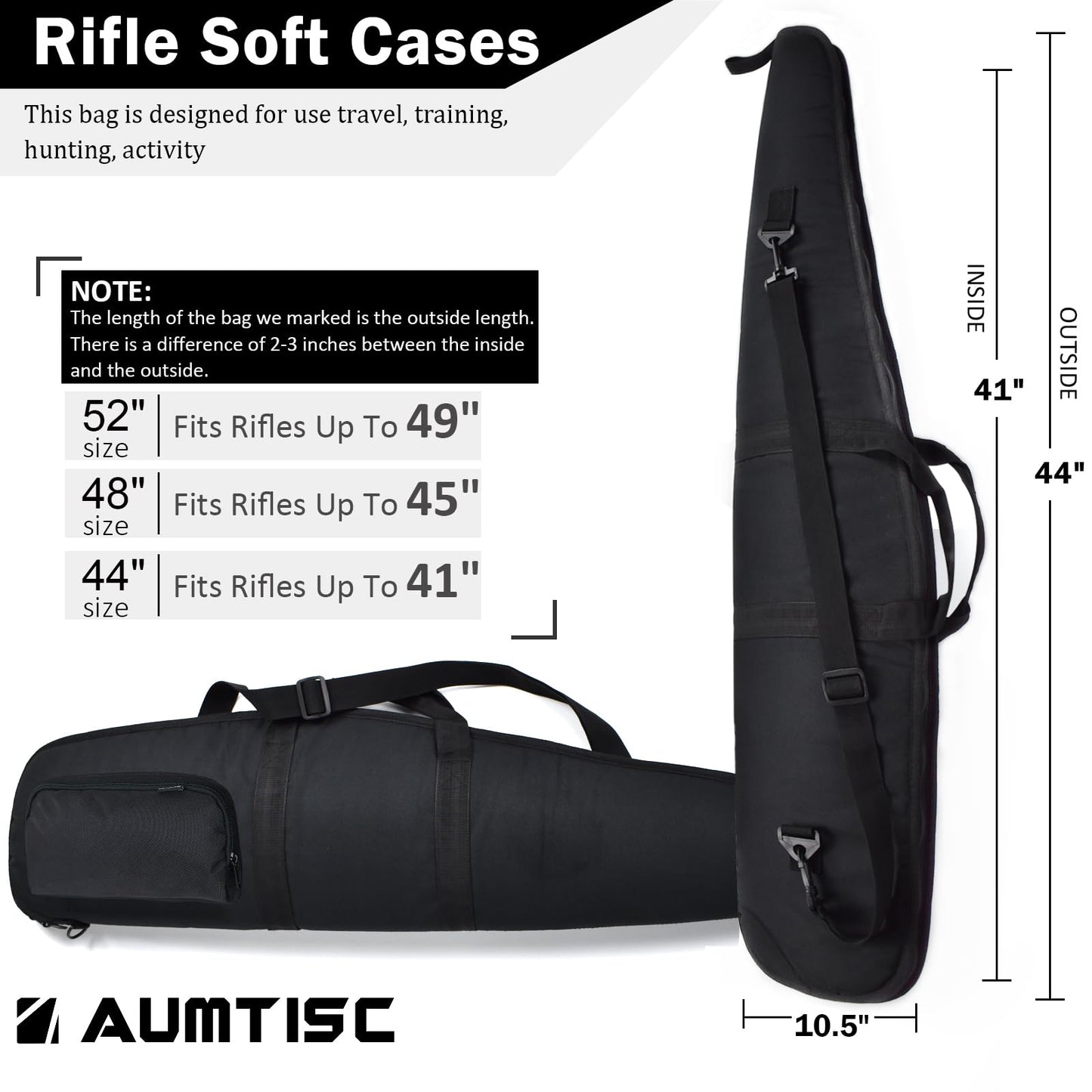 AUMTISC Soft Rifle Case 41/45/49 Padded Shotgun Gun Bag for Storage Scoped Rifles with Zippered Pocket, Detachable Shoulder Sling (Black-44''-Fits Rifles Up To 41'')