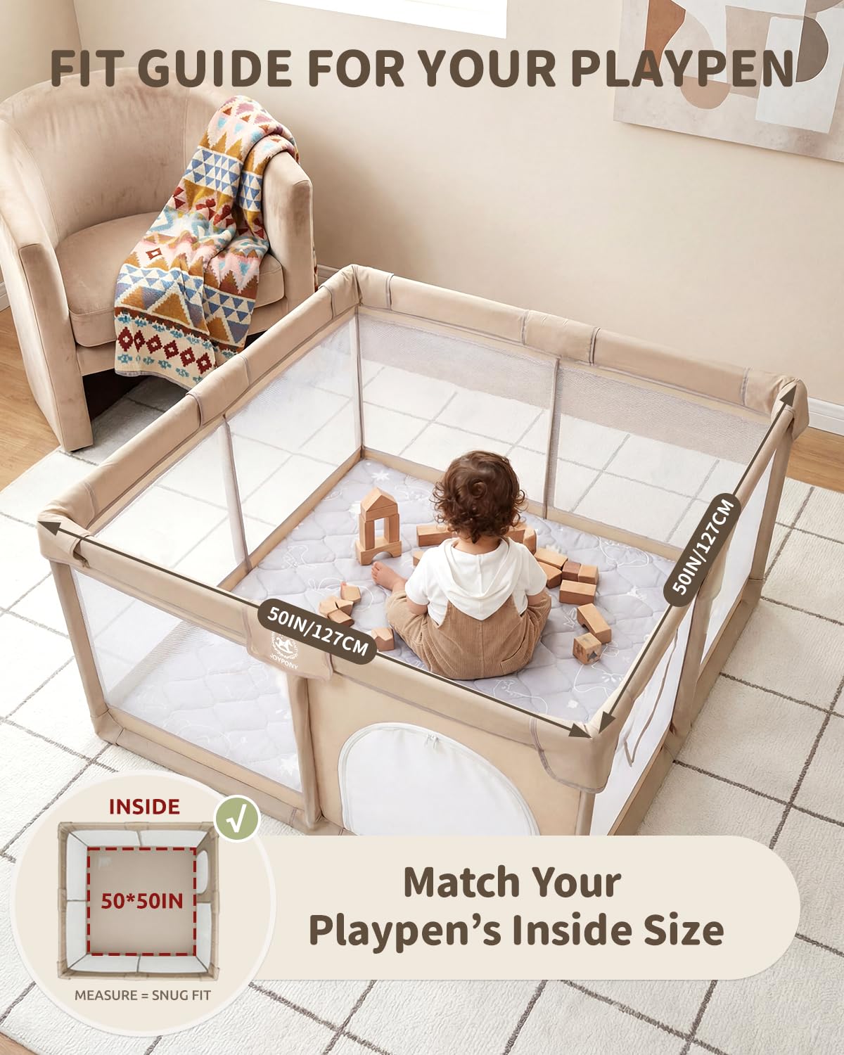Joypony Baby Play Mat for Floor 50×50in, Quilted 1.6in Extra Thick Crawling Mat for Toddlers, Non-Slip Kids Play Mats for Playpen with Washable Removable Cover, Forest