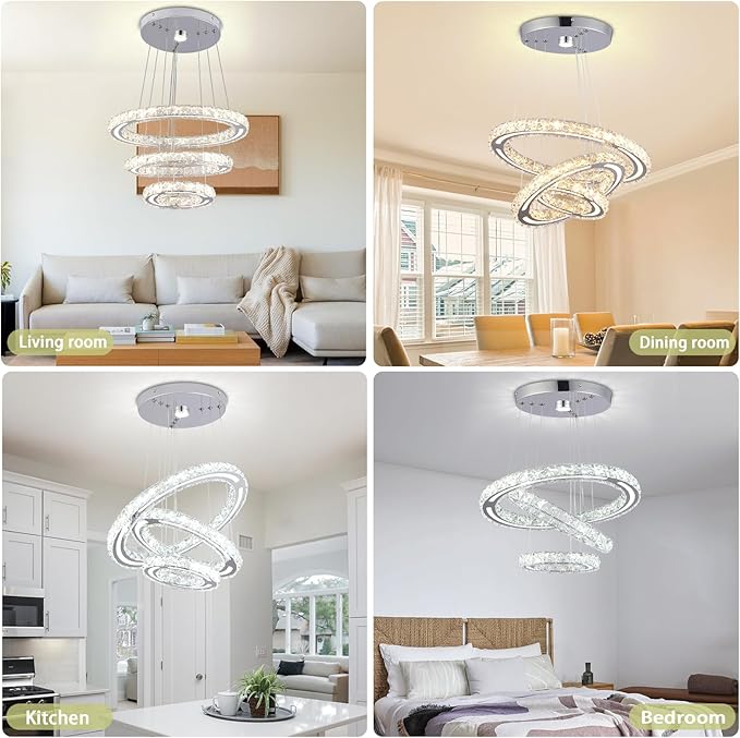 FRIXCHUR Crystal Chandelier LED Chandeliers Ceiling Light Fixture 3 Ring Adjustable Pendant Light Modern Chandelier for Bedrooms Living Room Dinning Room (Dimmable)