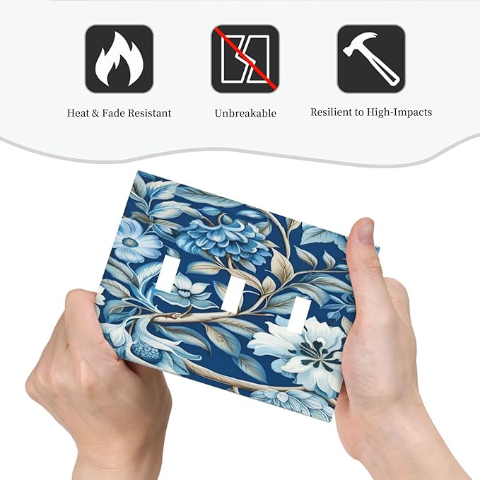 Blue Flowers Branches Leaves Floral Pattern Light Switch Covers 3 Gang Triple Toggle Wall Plate Decorative Switchplate Electrical Faceplate for Farmhouse Living Decor