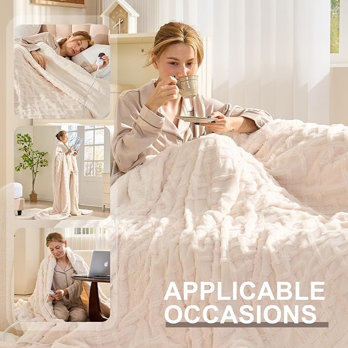SnugLife Electric Blanket Queen Size,84" x 90" Heated Blanket with Dual Control,10 Time Settings & 6 Heat Settings,Fast Heating Blanket with Overheat Protection & ETL Certification(Cream)