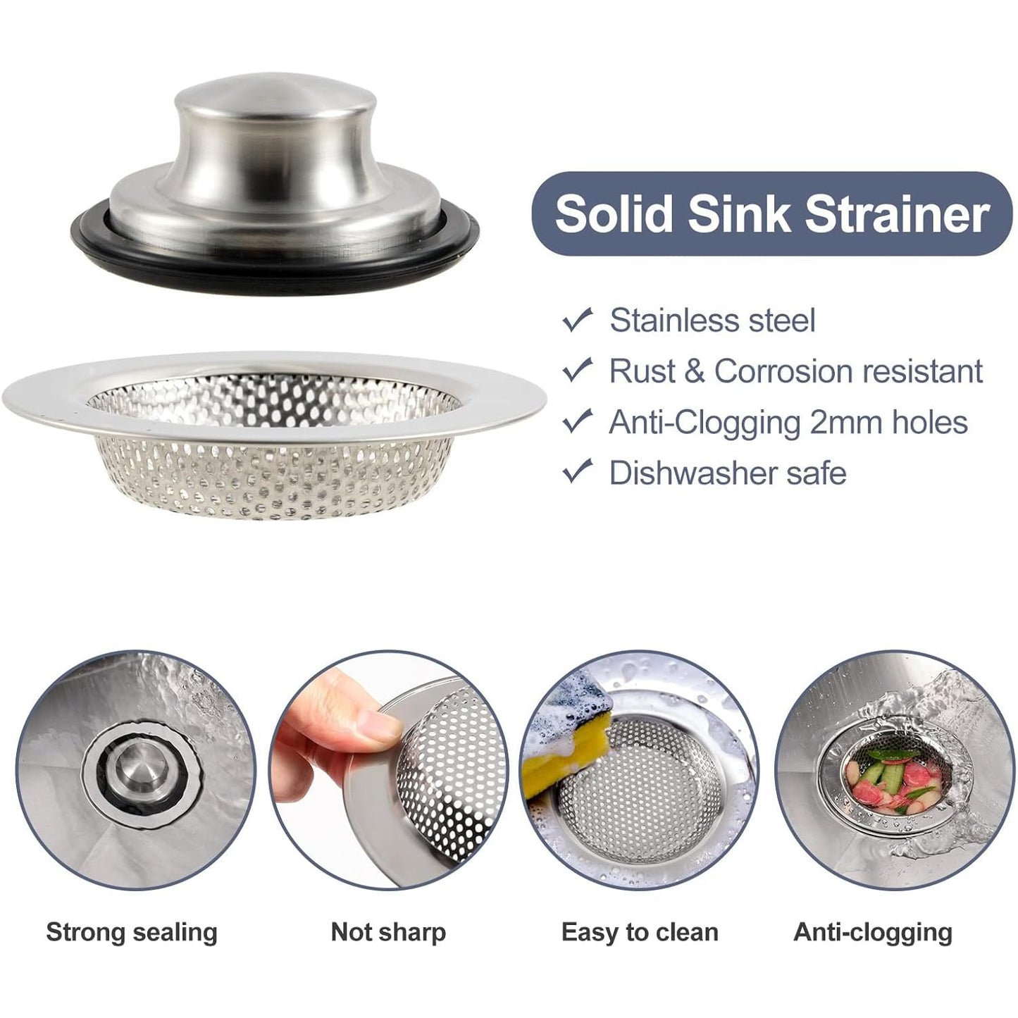 RQYEKDO Polished Kitchen Sink Strainers Sink Stopper Kits, Stainless Steel Sink Drain Strainer Set,Large Wide Rim 4.4" Diameter Food Catcher Garbage Disposal Plug for Most Sink Drains Basket Filter