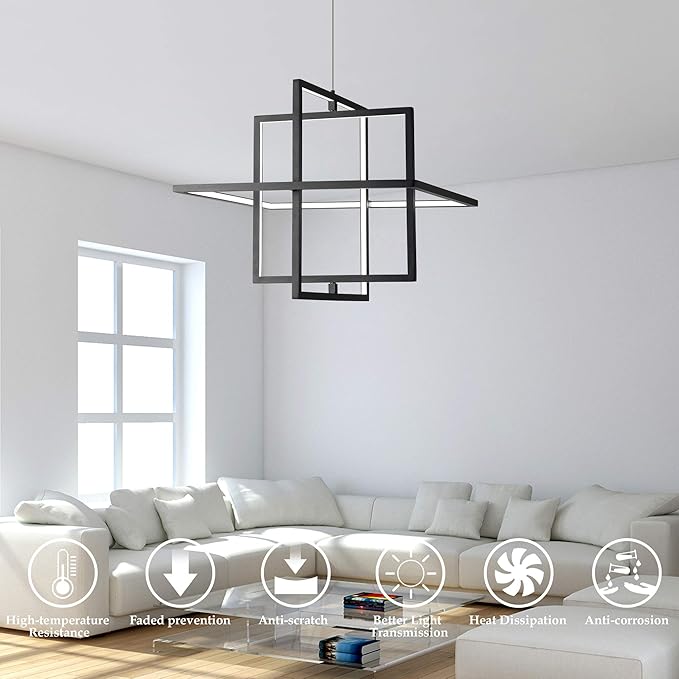 Modern LED Chandelier Led Pendant Light Square Contemporary Chandelier Hanging Light Dimmable for Living Room, Dining Room, Bedroom, Kitchen, Stydy Room 90W 6000K Cool Light (Black)