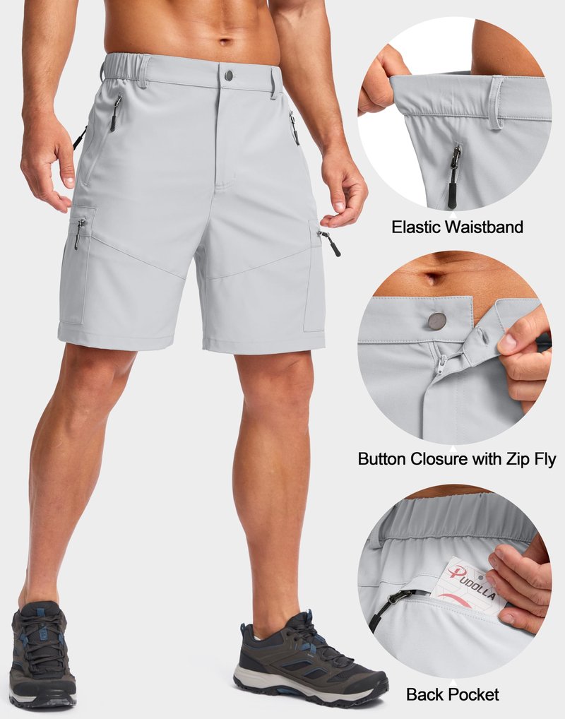 Pudolla Men's Hiking Cargo Shorts Lightweight 7" Travel Casual Shorts for Men Golf Work Outdoor with 5 Zipper Pockets(Bright Grey Small)