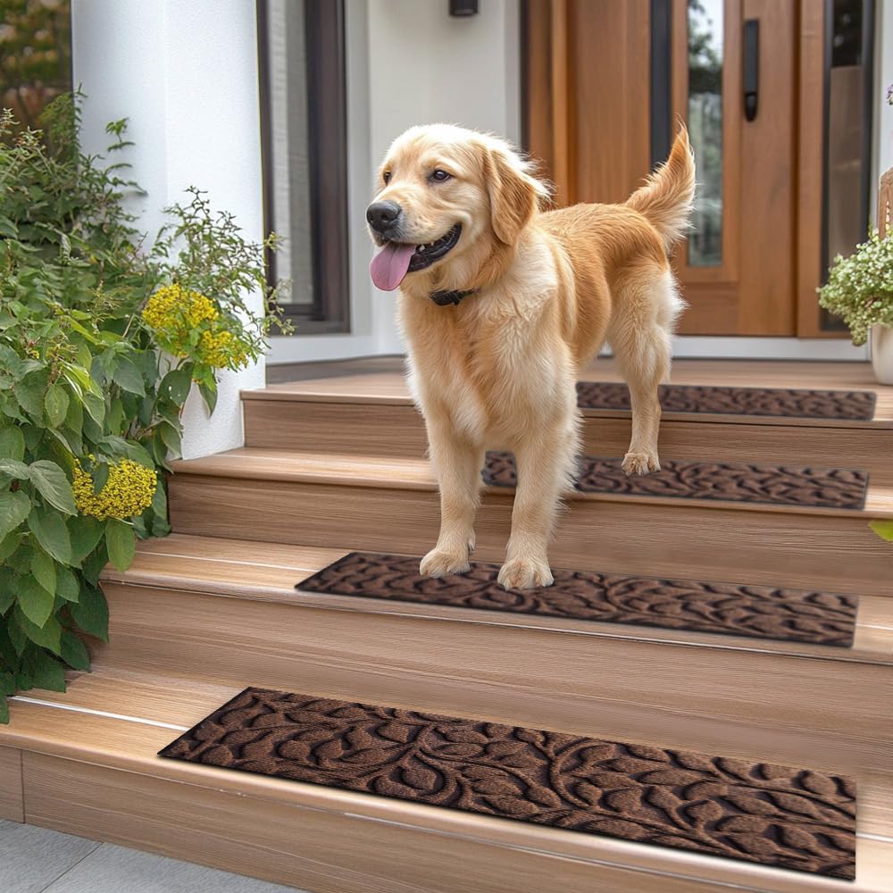 Aucuda Brown Stair Treads Outdoor for Dogs on Wooden Steps 6pcs 8.5" x 30", Non Slip Stair Runner Rug Heat Insulation Rubber Backing, Floral Staircase Mat Carpet for Indoor Grip Farmhouse.