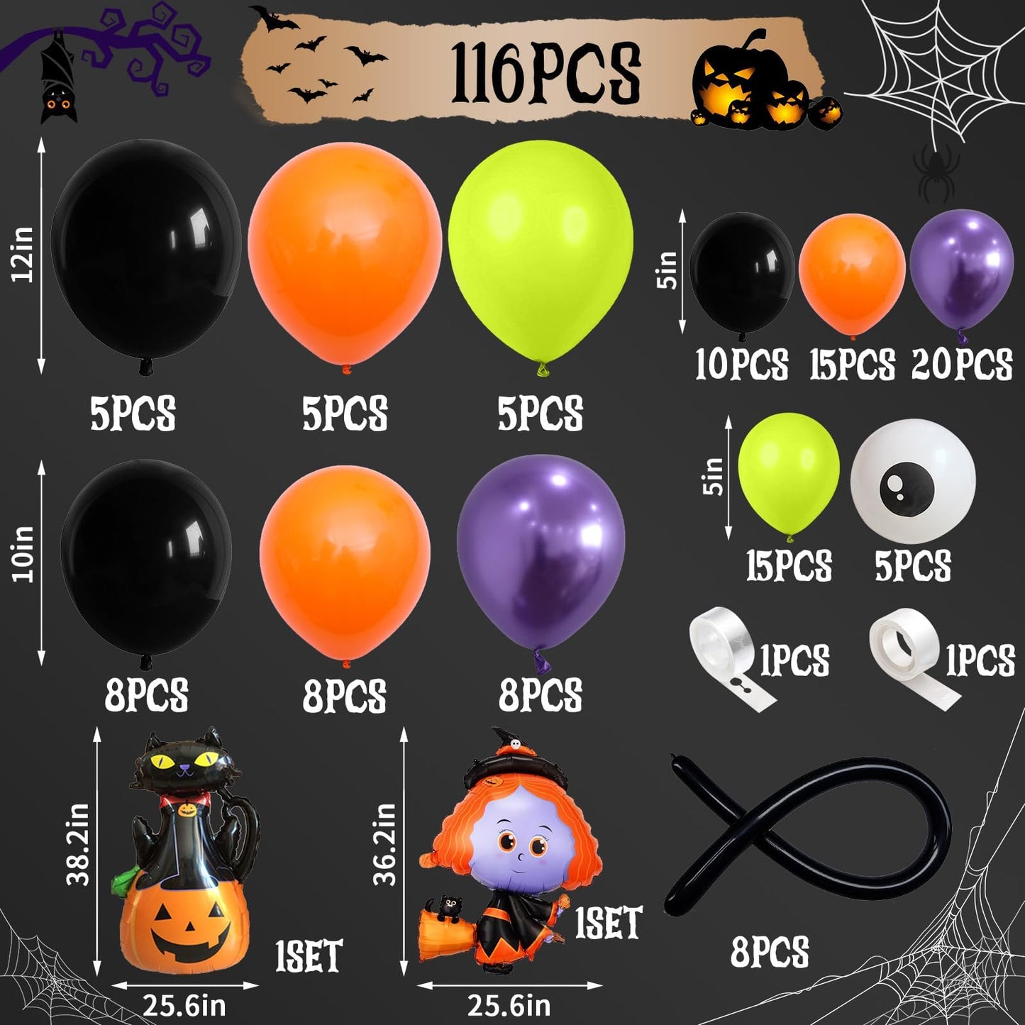 Halloween Balloons Arch Black Orange Purple Green Balloons Garland Witch Cat Foil Spider Balloon Pumpkin Birthday Decorations Metallic Purple Lime Green Latex Helium Balloon Set for Party Supplies