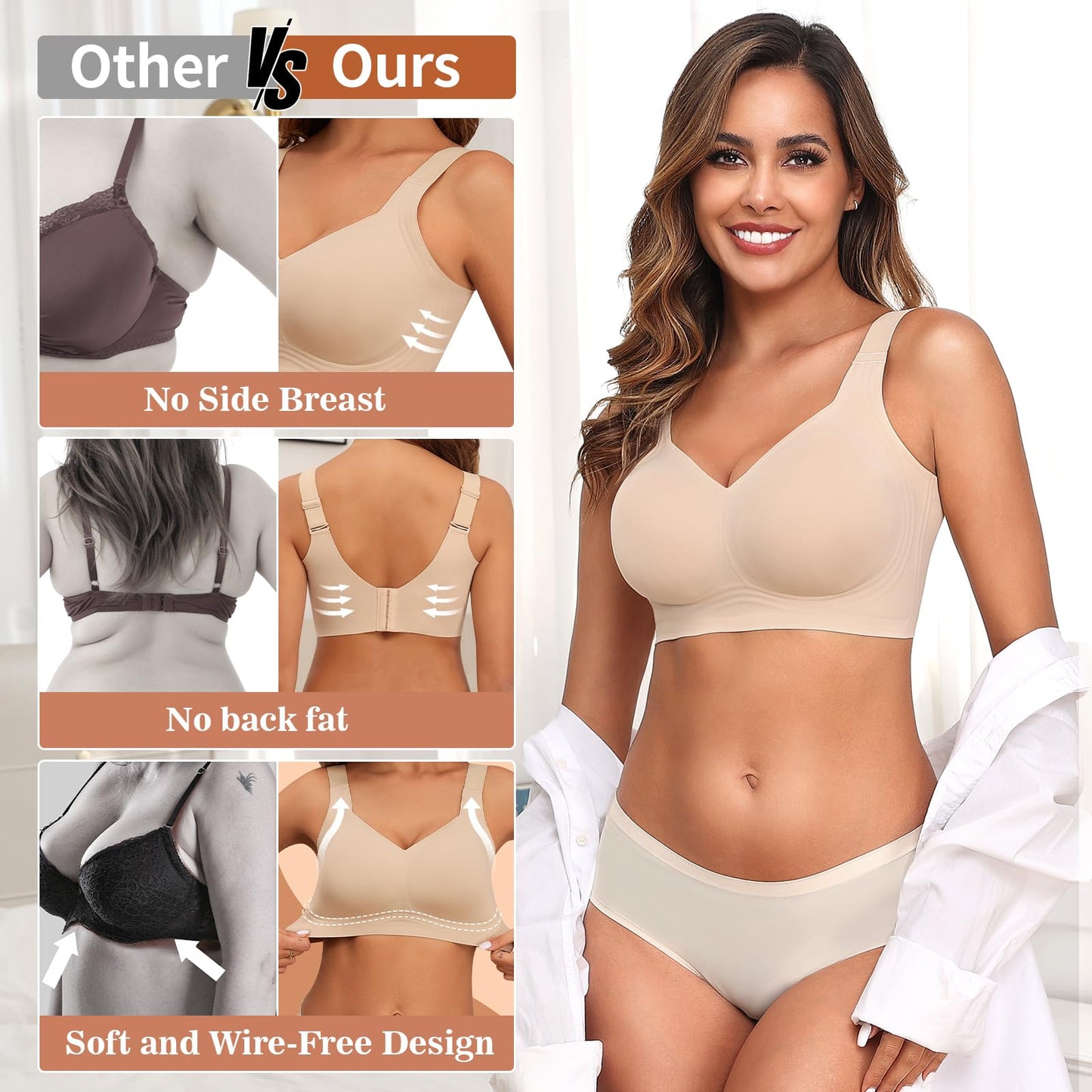 PoseFree Wireless Bras for Women Full Coverage Bra Full Support and Lift No Underwire Back Smoothing Bralette Everyday Bra (Nude,XL)