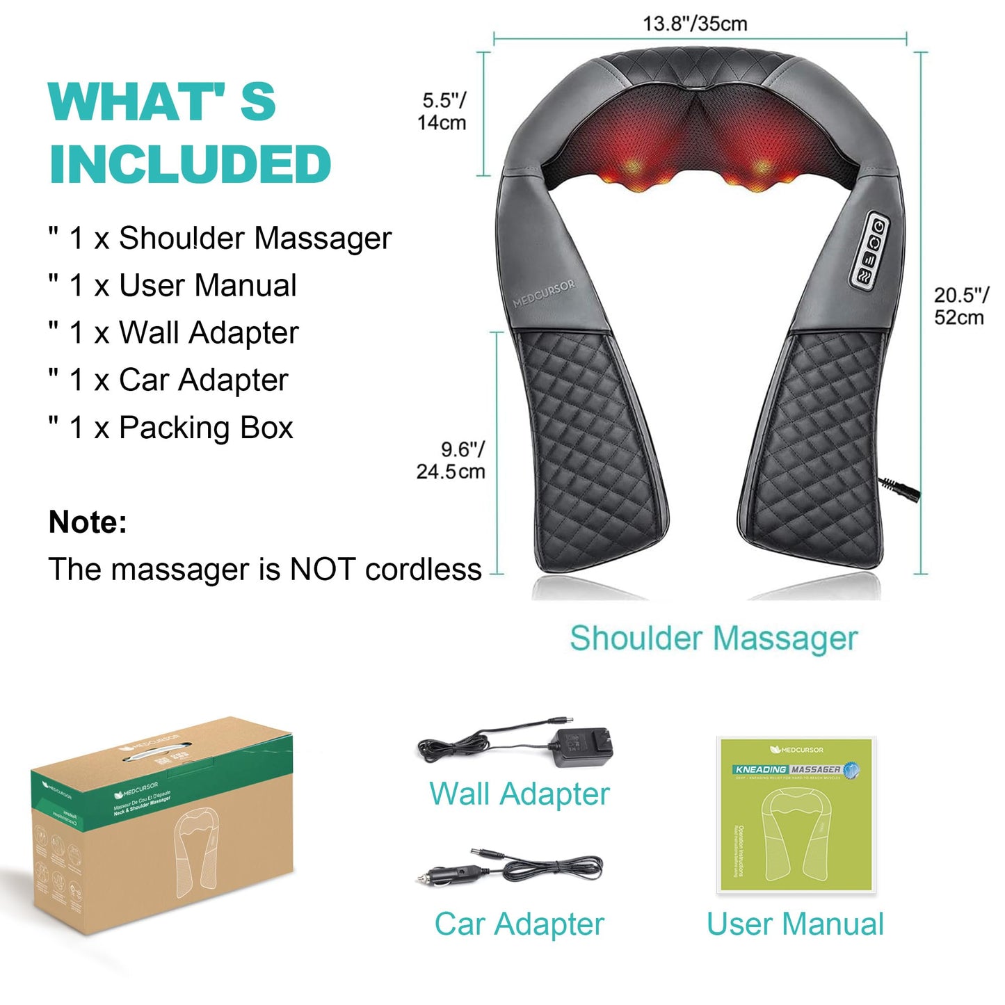 Medcursor Neck Massager, Portable Electric Shiatsu Back Massage Device with Heat, Deep Tissue 3D Kneading Pillow for Muscle Pain Relief (No Battery)