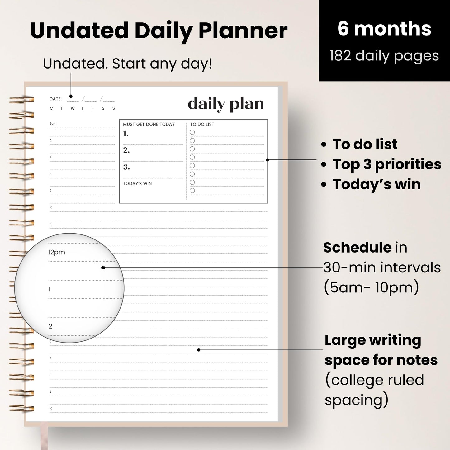 Undated Daily Planner | 2026 Calendar | Large Daily and Monthly Planner with Hourly Schedule, 8.5" x 11" | 6 Month, Full Page a Day, To do List, Time Blocking, Beige Aesthetic Hardcover Spiral Notebook