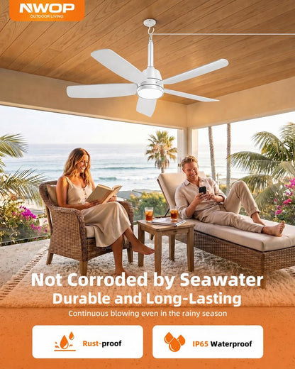 NWOP 28 Inch Plug-In Outdoor Ceiling Fan with Light and Remote, Waterproof Small Ceiling Fan for Patio Porch Balcony, 5 Blades Quiet Compact Ceiling Fan for Small Spaces, White