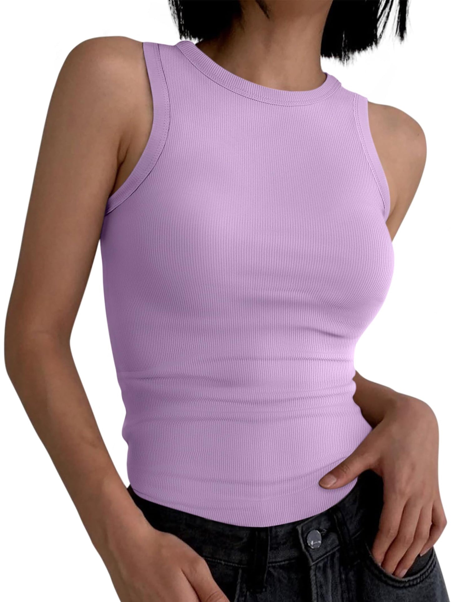 ANRABESS Womens Sleeveless High Neck Tank Tops Fashion Summer Casual Basic Slim Fit Ribbed Racerback Top Shirt Clothes Light Purple XX-Large