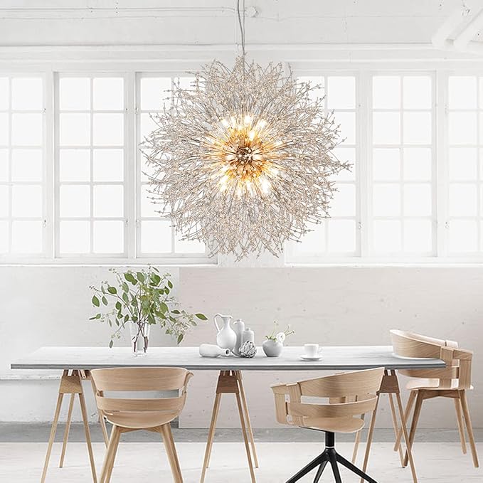 Large Dandelion Crystal Chandeliers, 24-Light Crystal Firework Pendant Lighting, 120W Gold Sputnik Hanging Chandelier Light Fixtures for Living Room Hallway
