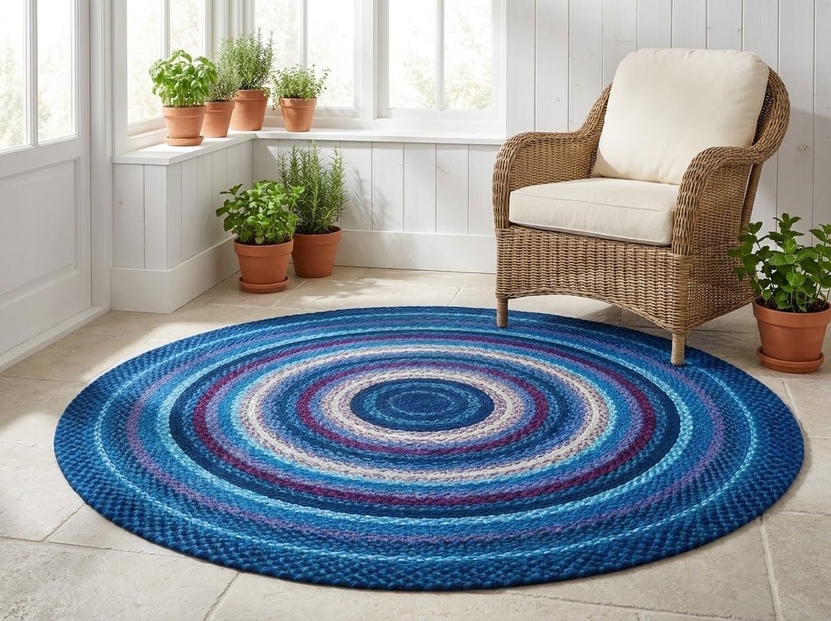 Blue Handwoven Extra Large Round Rug 9x9 Ft Braided Soft Floor Carpet for Grand Living Rooms, Couch Lounges & Open Spaces (Ready to Ship)
