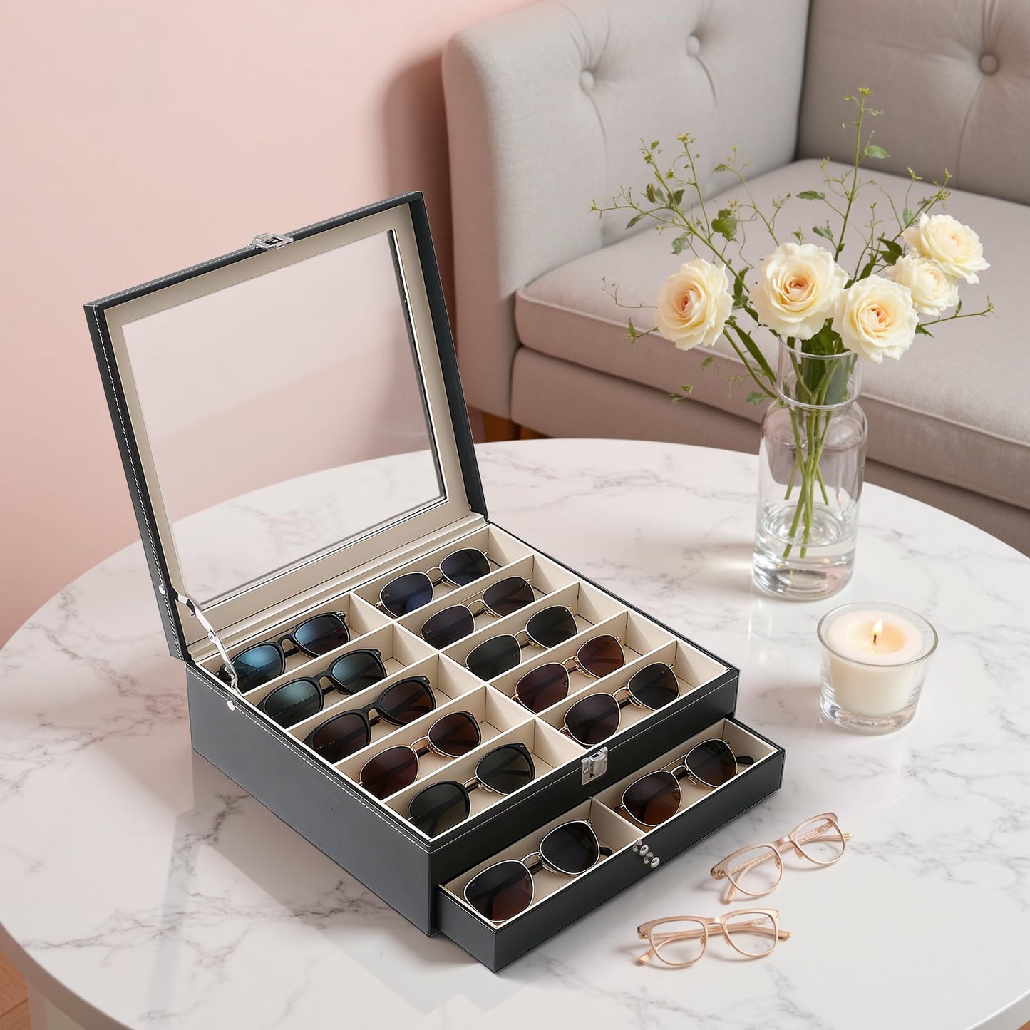 Luckybell 20 Slots PU Leather Sunglasses Organizer Jewelry Box,Multiple Pairs of Large Sunglasses Case Holder with Clear Lid