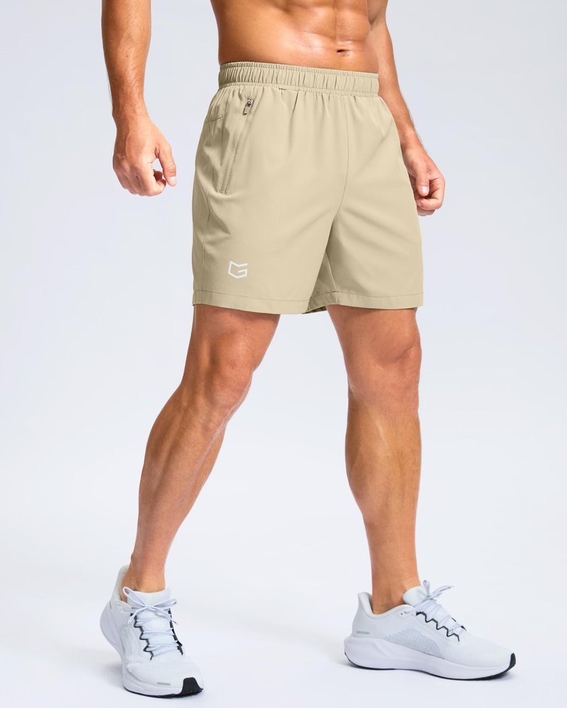 G Gradual Men's Athletic Running Shorts with Zipper Pockets Quick Dry 7"/ 5"/ 9" Workout Gym Shorts for Basketball Hiking(Khaki,5S)