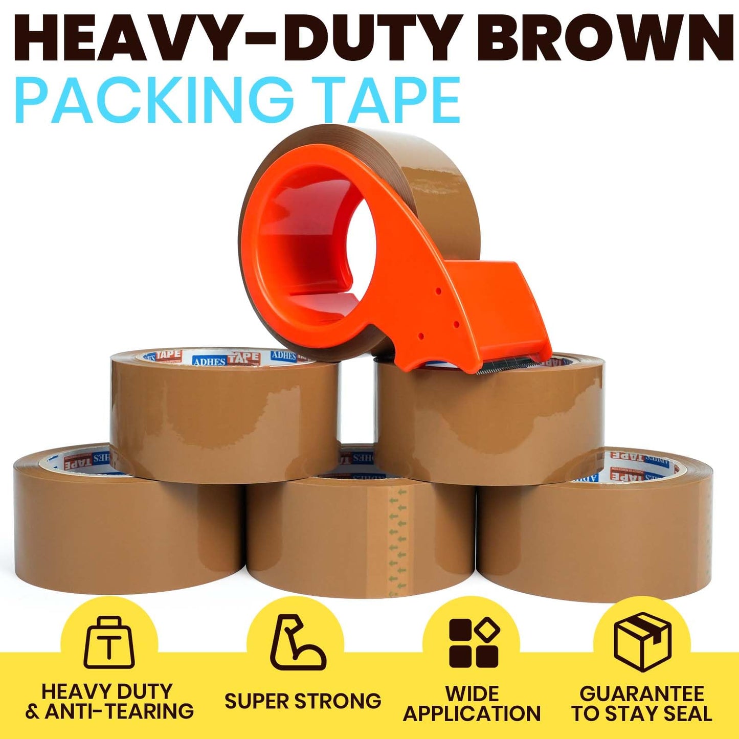 ADHES Brown Packing Tape with Dispenser, 2.6Mil, 1.88 Inch x 55 Yards, 6 Rolls Heavy Duty Shipping Tape for Moving Boxes, Packaging and Storage, Strong Adhesive
