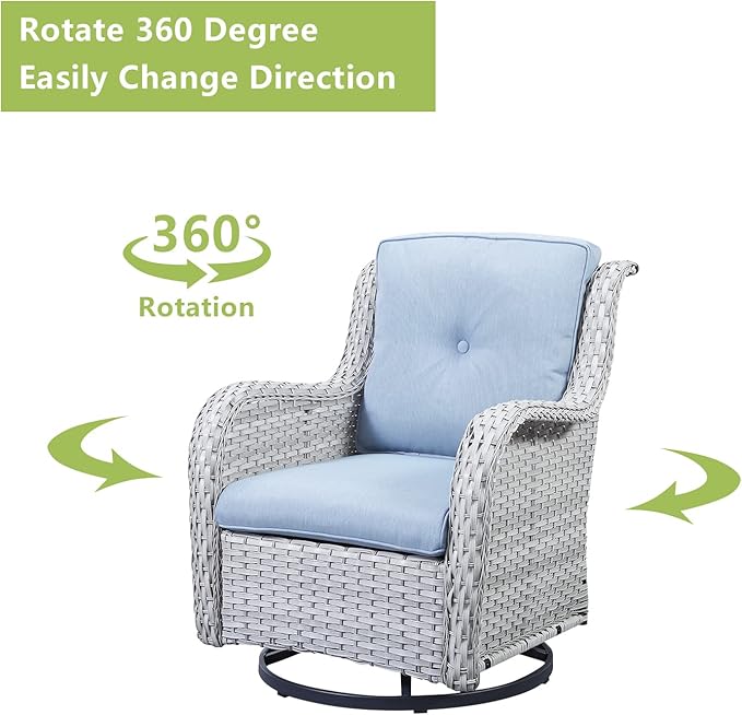Rilyson Wicker Rocking Chair Swivel Chairs – 6 Piece Rocker Patio Furniture Set Rattan Rocking Bistro Sets with Glass Top Side Table for Outdoor Porch Deck Garden Backyard(Light Grey/Sky Blue)